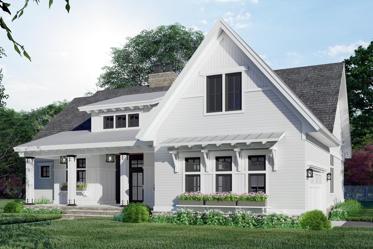 Modern Farmhouse house plan exterior with gabled dormer, prominent front porch with square columns, and attached garage.