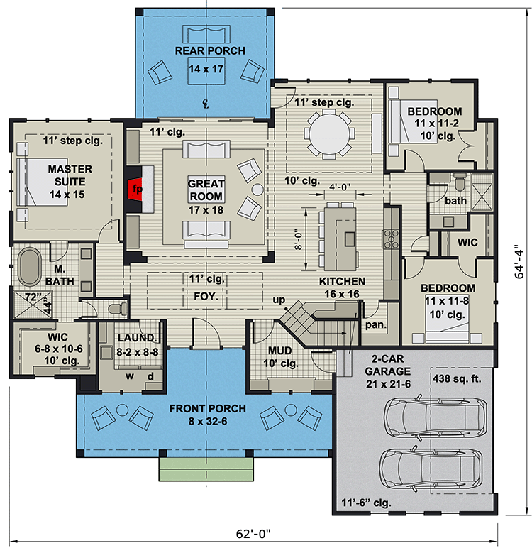 Plan 14691RK: Affordable 3-Bed New American House Plan with Bonus Room - 2112 Sq Ft - Floor Plan - Main Level - Country, Craftsman, Modern Farmhouse, New American, Northwest, Ranch, Traditional
