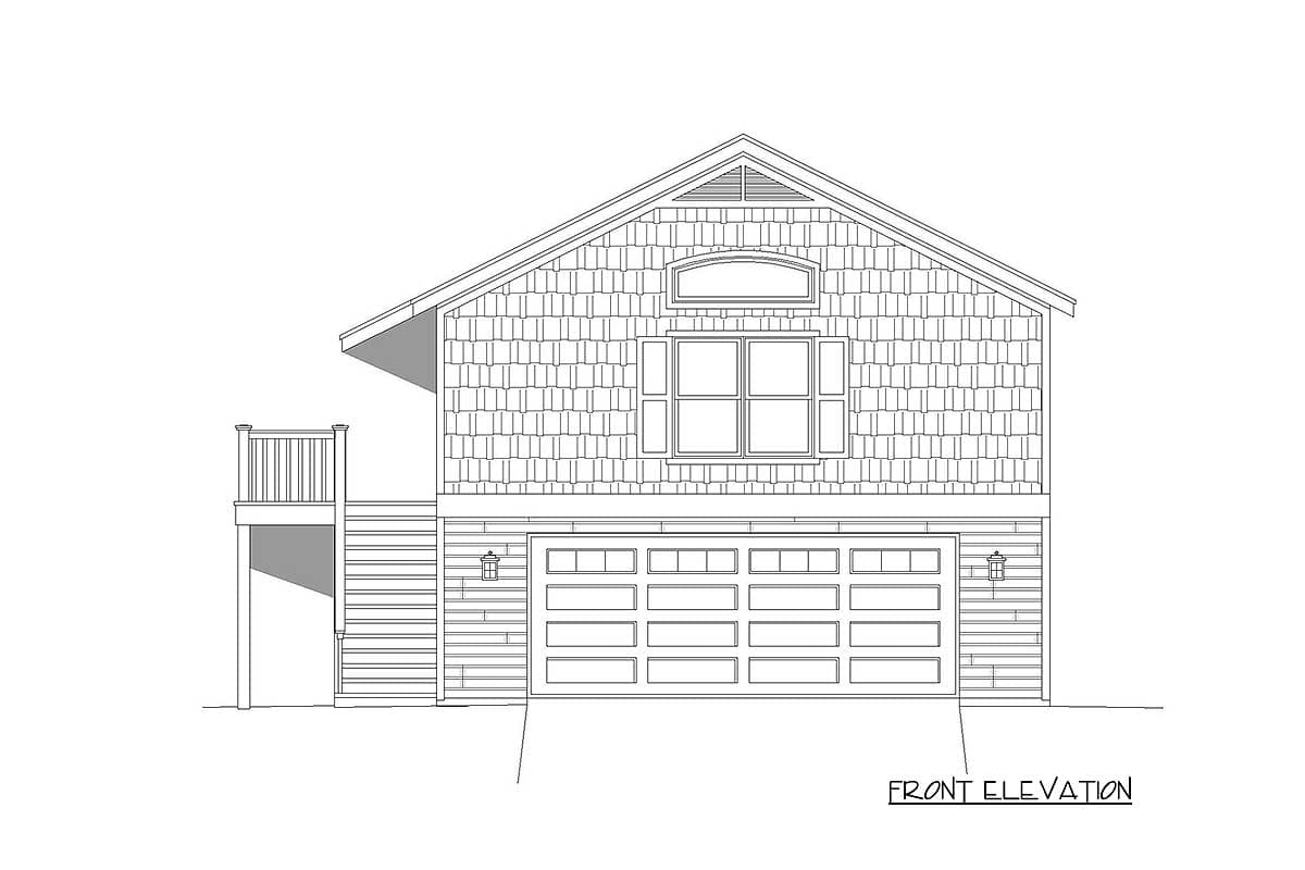 Front elevation drawing of a house plan with a multi-panel garage door, shingle siding, and a side deck.