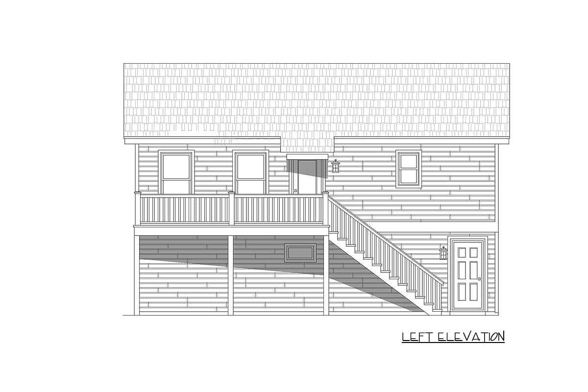 Left elevation house plan drawing with a covered front porch, exterior stairs, and horizontal siding.
