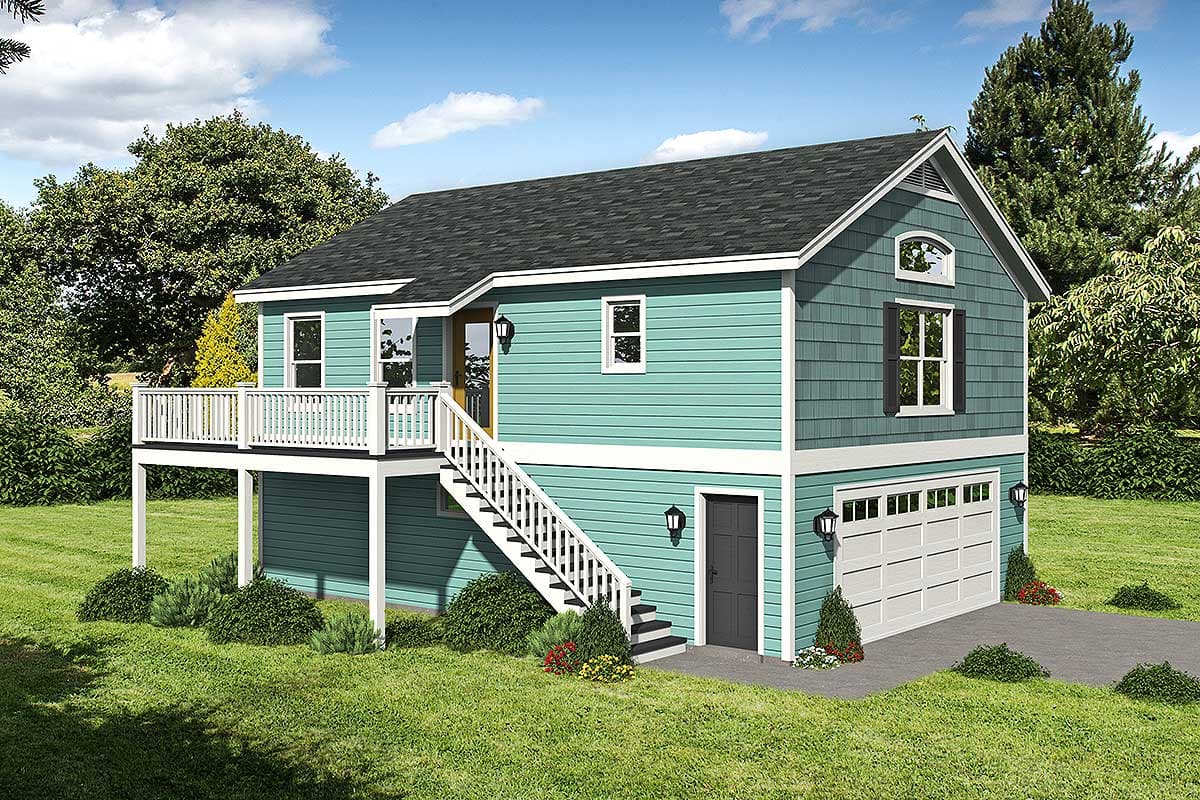 House plan exterior. Two-story home with a gabled roof, elevated deck, and attached garage. Features a staircase and contrasting siding.