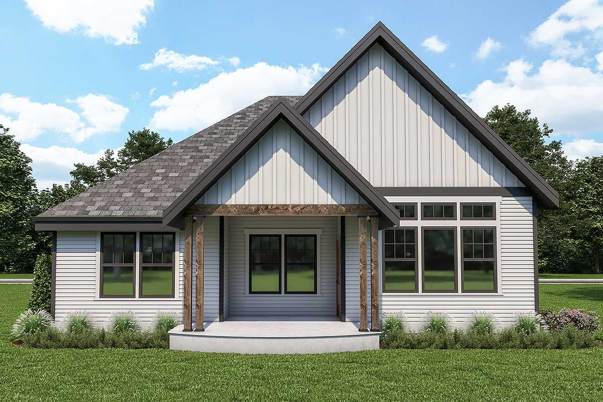 House plan exterior: Single-story Modern Farmhouse with covered porch supported by wood beams, gabled rooflines, and vertical and horizontal siding.