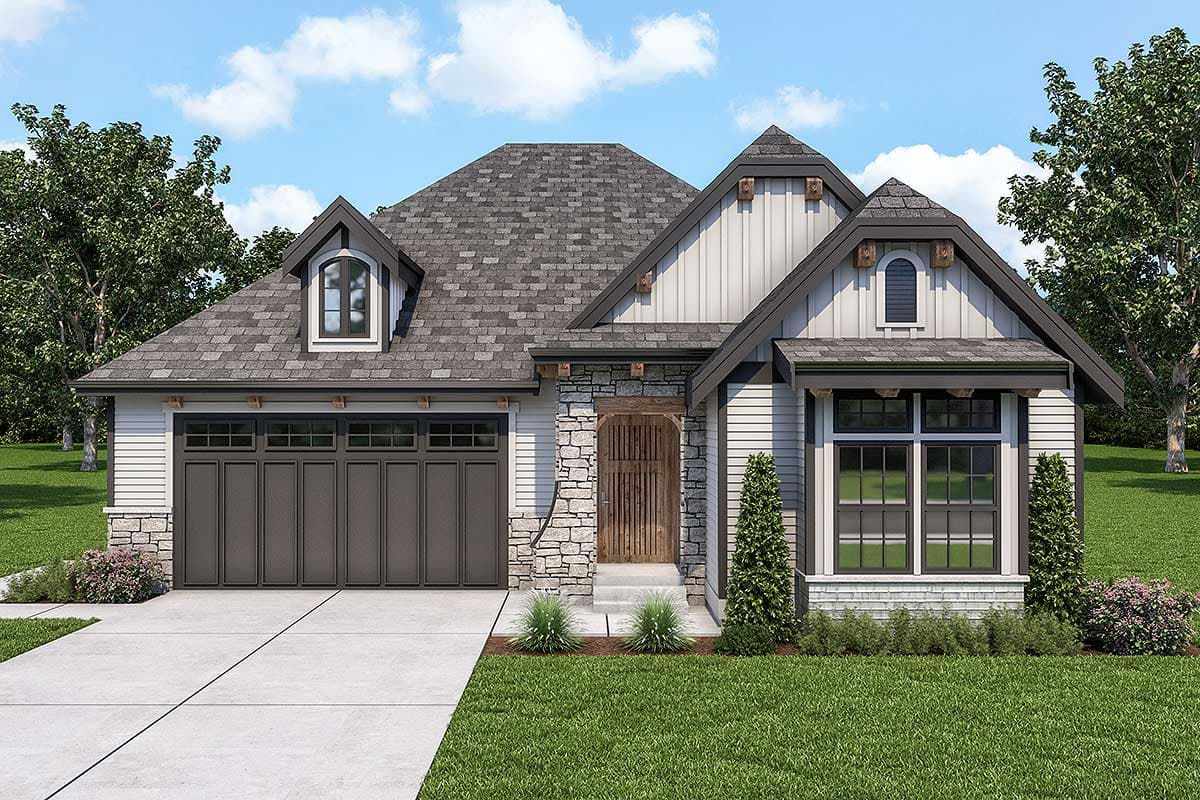 House plan exterior with Craftsman style, featuring a gabled roof, stone accents, dormers, and an attached garage with a dark gray door.