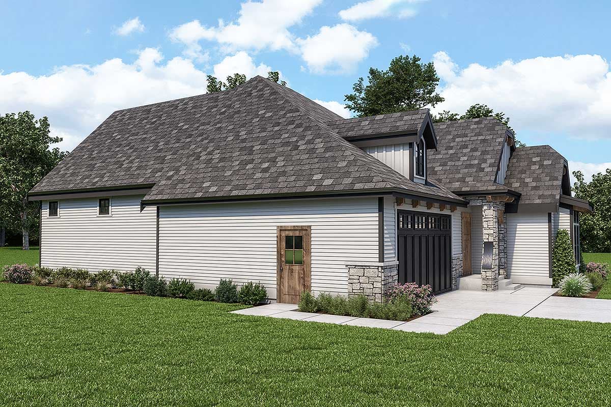 House plan exterior, siding, stone accents, garage with modern door, and dormer.
