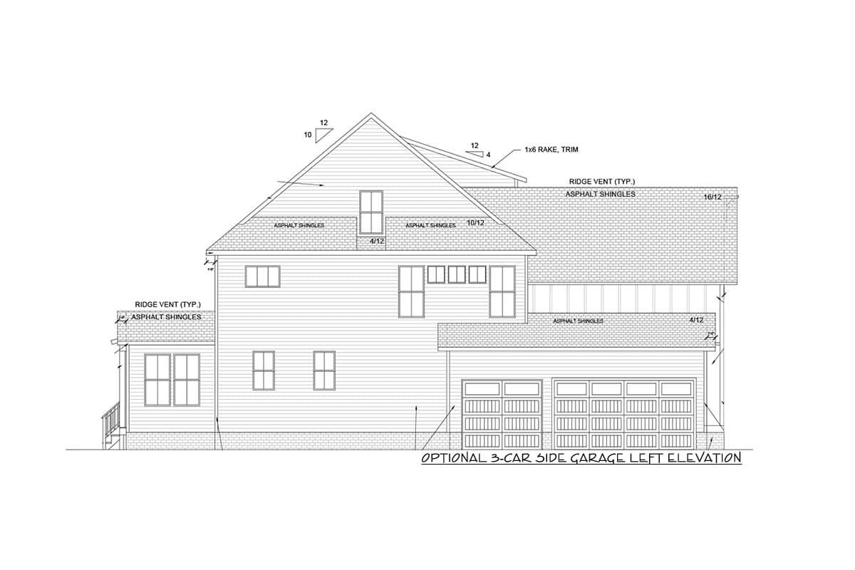 Optional 3-car side garage left elevation drawing with asphalt shingles and varied roof pitches.