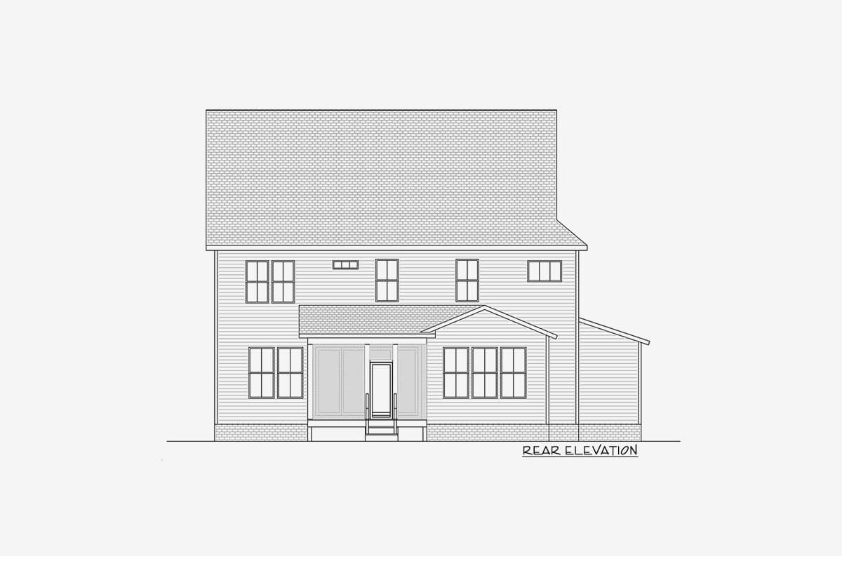 Rear elevation drawing of a two-story house plan with siding, a screened porch, and multiple windows.