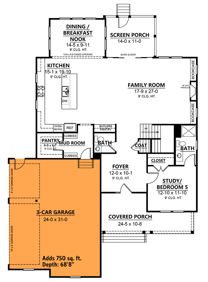 Plan 260001RVC: Modern Craftsman Home Plan with Third Floor Expansion Possibilities - Floor Plan - 2-Car Side Garage Option (+$295) - Country, Craftsman, Modern Farmhouse, New American