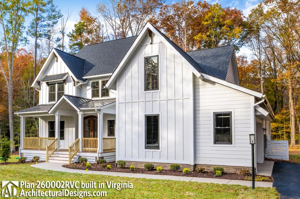 Modern Farmhouse house plan exterior with gables, board and batten siding, and a covered front porch.