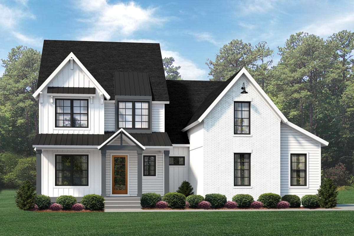 Modern Farmhouse style house plan exterior with white board and batten, brick accents, a covered front porch, and multiple gables.