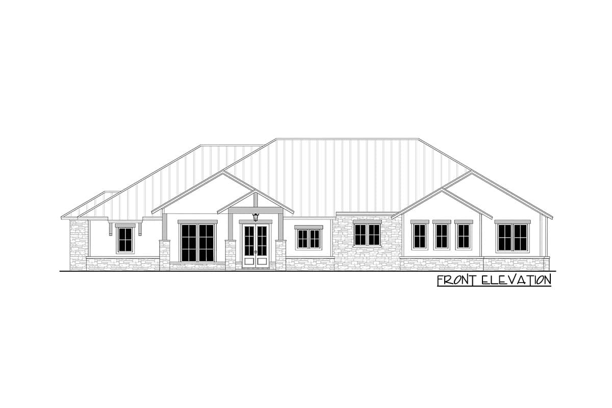 Front elevation drawing of a single-story house with a metal roof, stone accents, and a covered front entry.