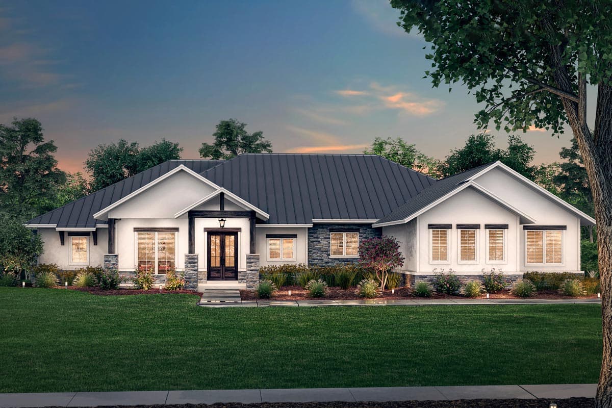 House plan exterior: Ranch-style home with prominent gables, stone accents, covered entry, and dark metal roof.