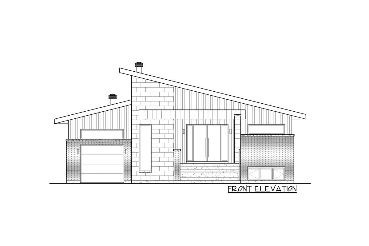 Front elevation drawing of a single-story house plan with a sloped roof, garage, and entrance.