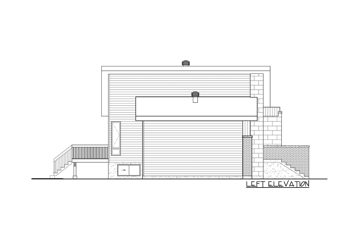 Left elevation house plan with siding, a deck with stairs, a sloped roof, and brick accents.