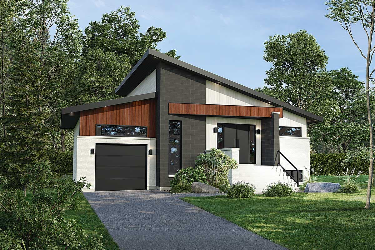 House plan exterior. Modern style, one-story. Features include a side-entry garage, gable roof, and wood accents.