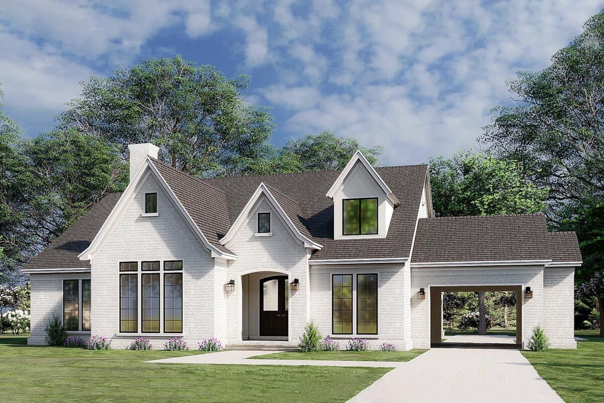 House plan exterior. Two-story home with a gabled roof, dormers, and an attached carport. Features include a brick facade and dark trim.