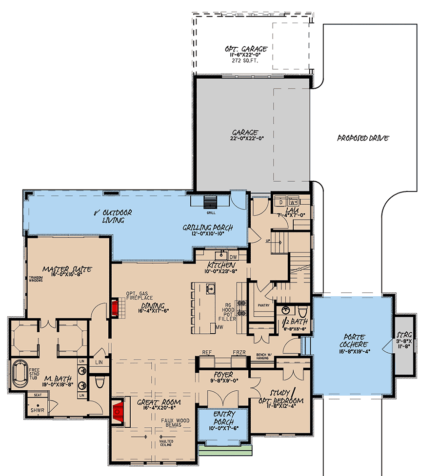 Plan 70688MK: French Country-Inspired House Plan with Vaulted Great Room and a Porte Cochere - Floor Plan - Main Level - Acadian, European, French Country, Louisiana-Style, Southern