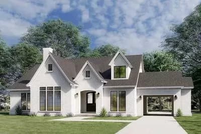 French Country-Inspired House Plan with Vaulted Great Room and a Porte Cochere