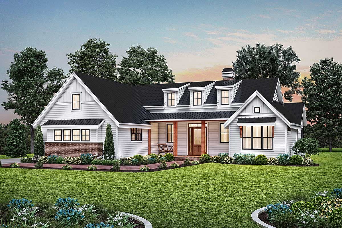 House plan exterior. Farmhouse style with a gabled roof, dormers, and a covered porch. Features brick accents and black window frames.