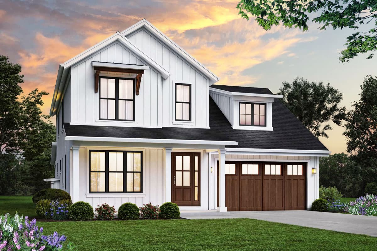 House plan exterior. Two-story Modern Farmhouse with gables, a covered porch, and a side-entry garage. Features dormers and a board-and-batten facade.