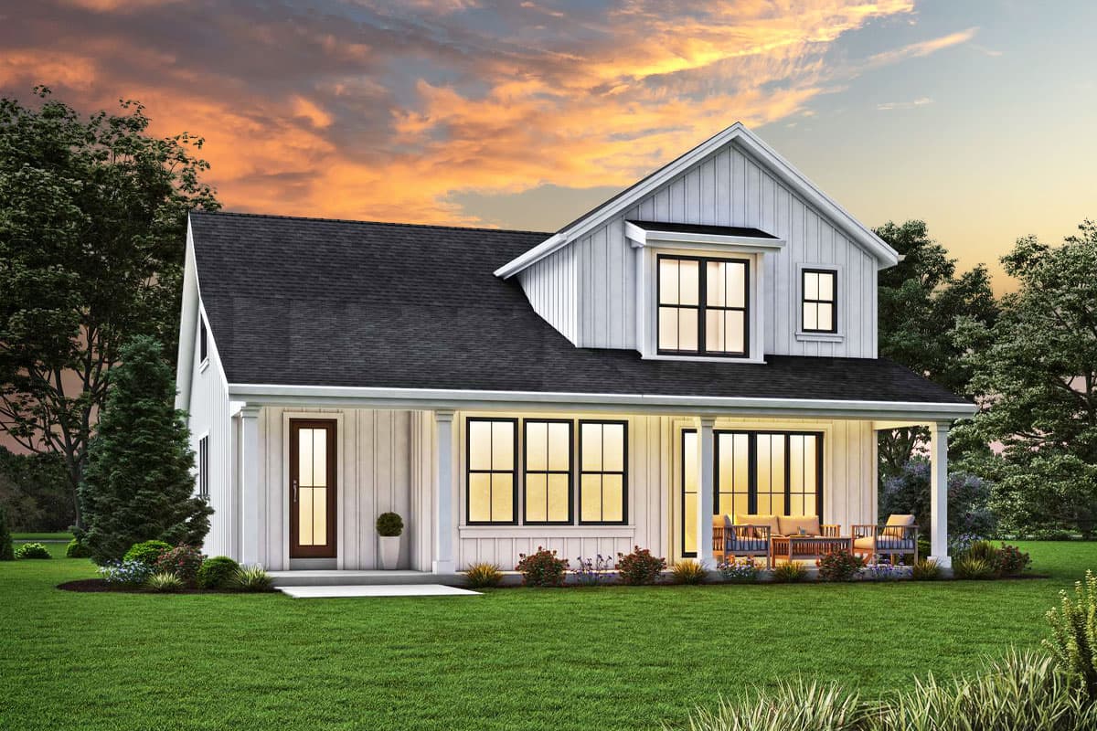 Modern Farmhouse house plan exterior with a full-width covered porch, board-and-batten siding, and multiple gables.