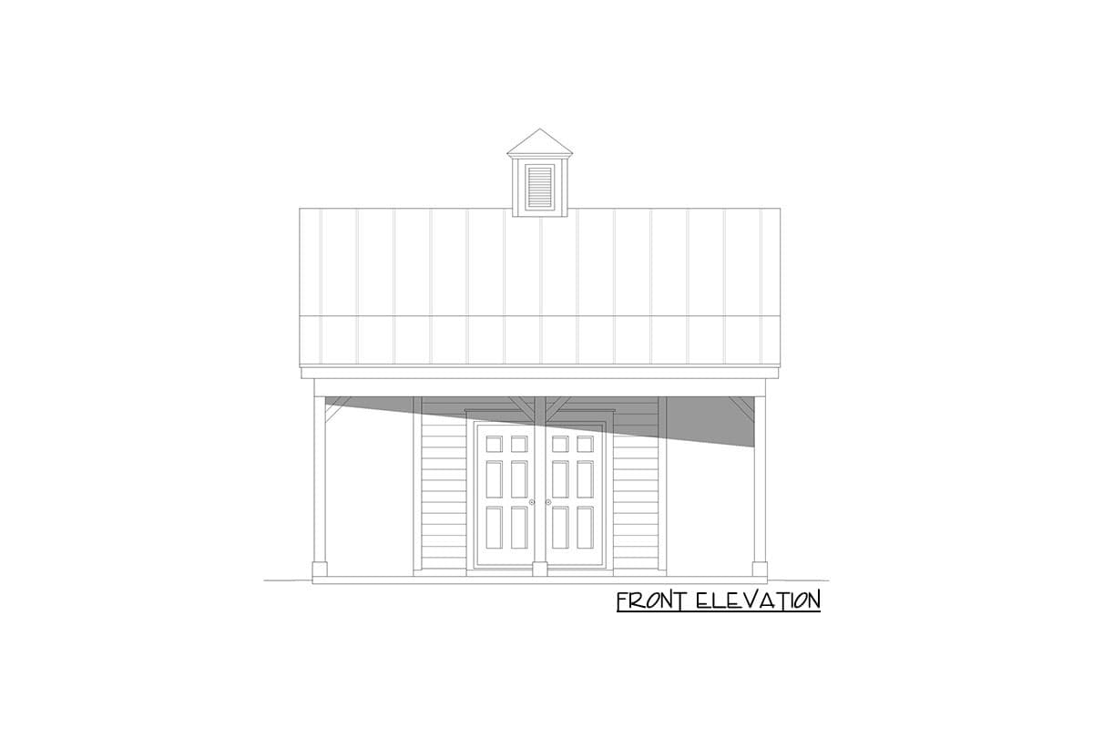 Front elevation drawing of a house with a gambrel roof, cupola, and double doors beneath a covered porch.