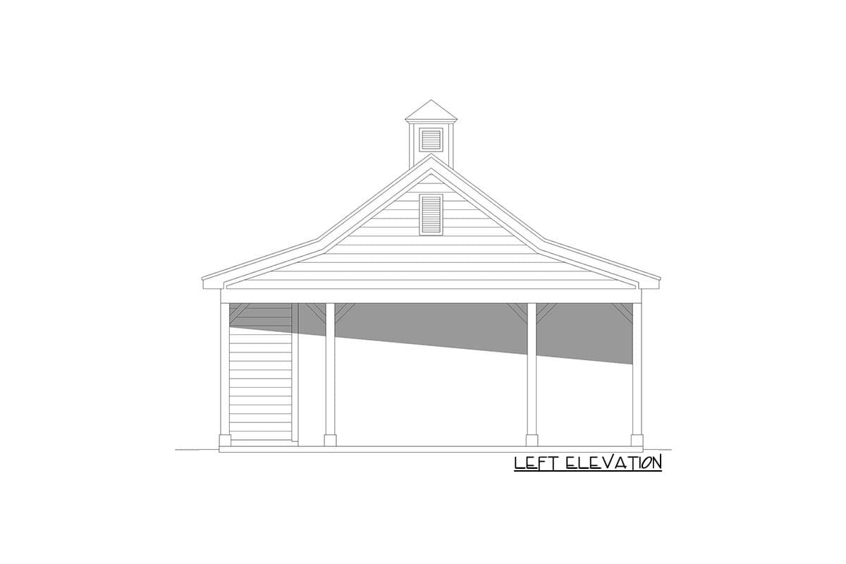 Left elevation house plan drawing shows a building with a covered porch, horizontal siding, and a cupola.