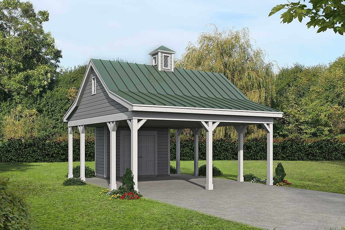 House plan exterior with a gable roof, supported by white columns. Features include a cupola and a green metal roof.