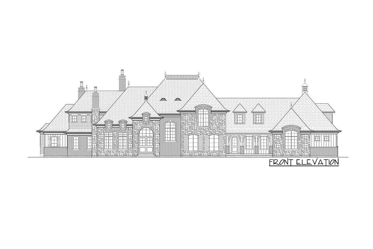Front elevation drawing of a large, multi-story house with stone facade, multiple gables, dormers, and arched entryway.