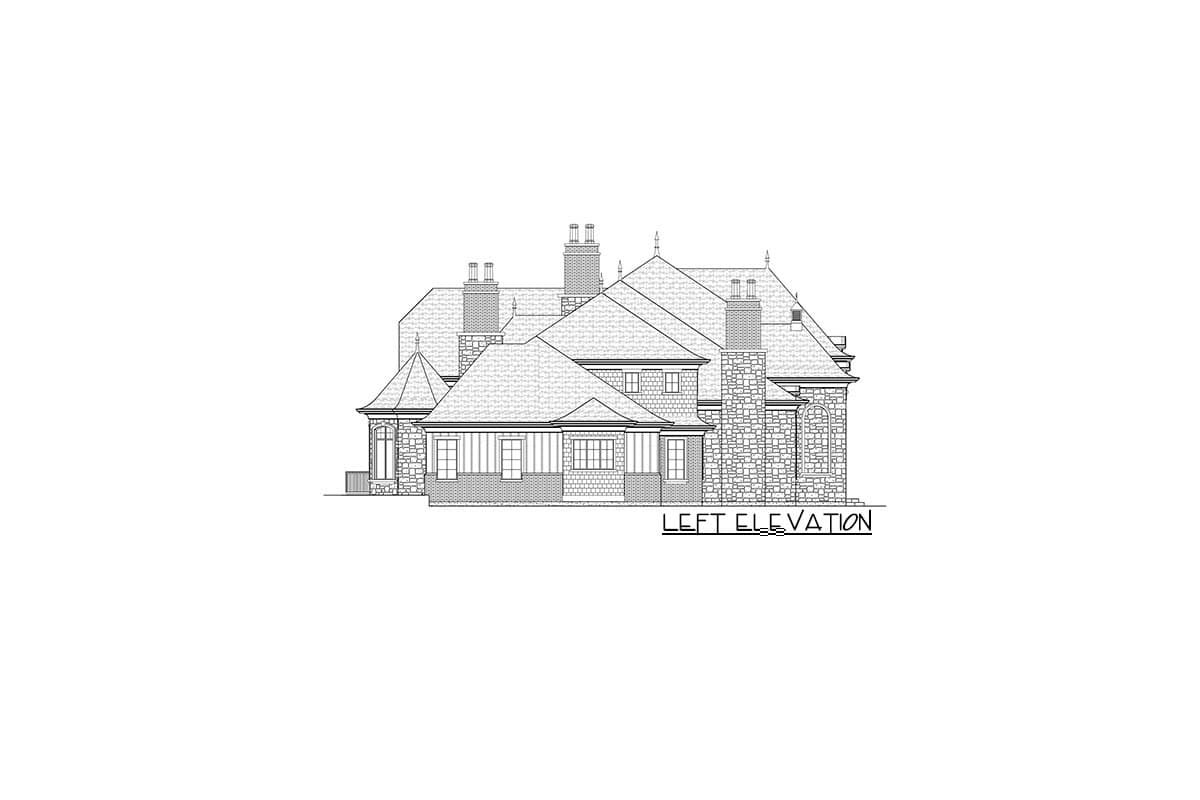 Left elevation house plan drawing with multiple gables, prominent chimneys, and stone accents.