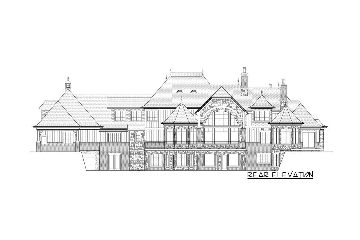 Rear elevation of a multi-story house plan with stone and vertical siding, multiple gables, dormers, and a large arched window.