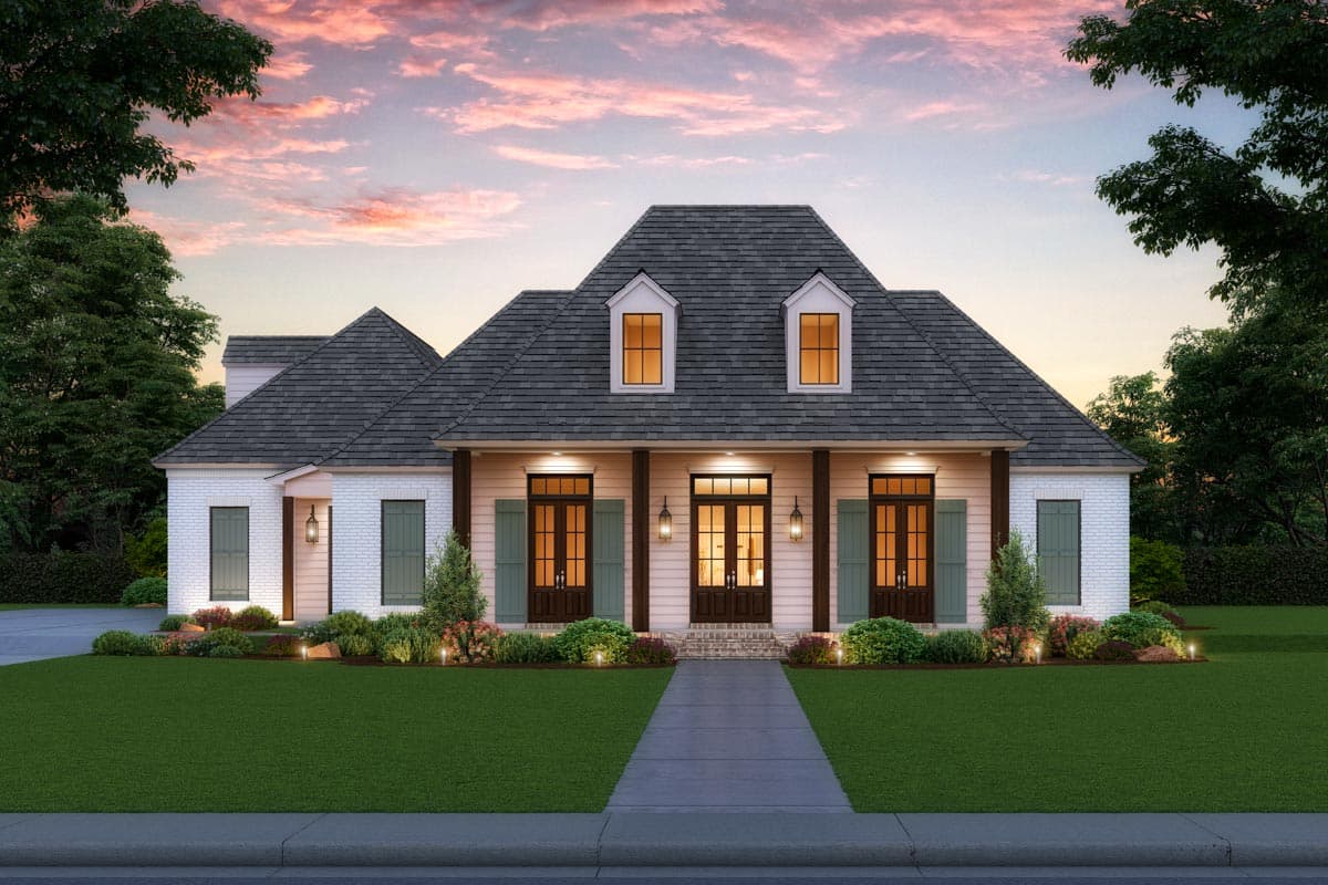 House plan exterior. Two-story home with dormers, a front porch, and a hipped roof. Features include a brick facade and shutters.