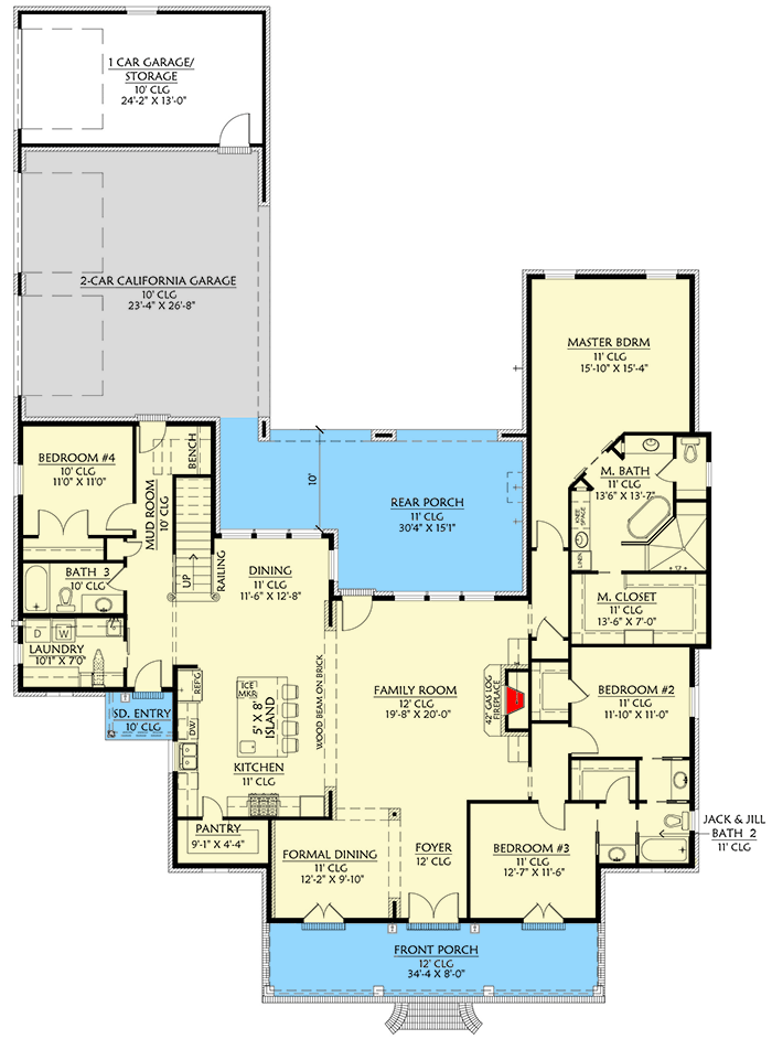 Plan 56491SM: Traditional Southern Home Plan with Upstairs Bonus Room - 2863 Sq Ft - Floor Plan - Main Level - Acadian, Country, Louisiana-Style, Southern, Traditional