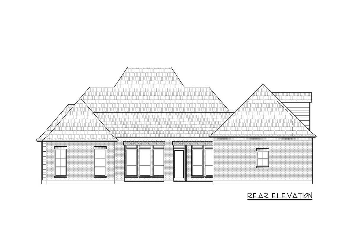 Rear elevation drawing of a single-story house plan with multiple gabled rooflines and a brick exterior.