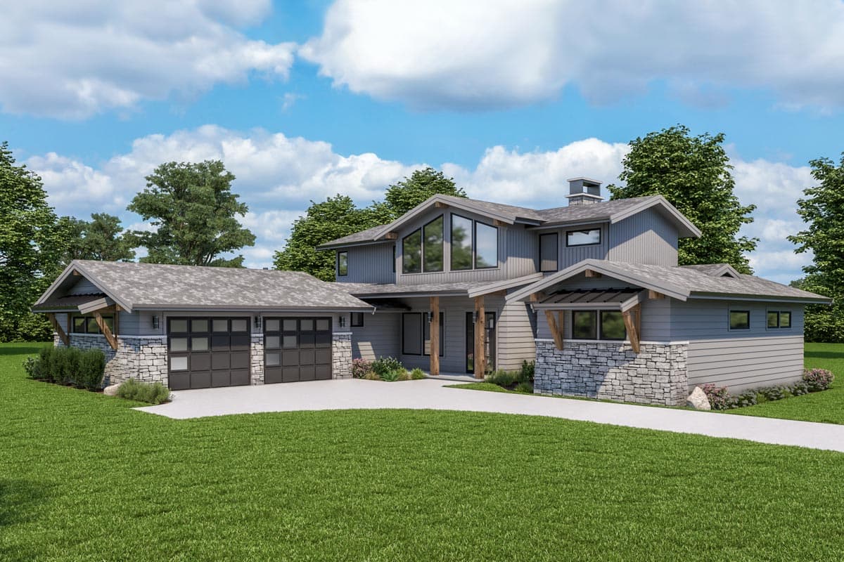 House plan exterior with two stories and a mixed roofline. Features include a stone-clad base, exposed timber supports, and a two-car garage.