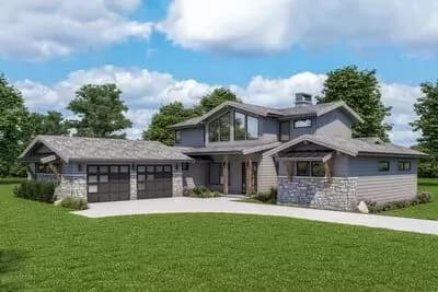 Two-story Contemporary Craftsman House Plan with Den next to Master Bedroom