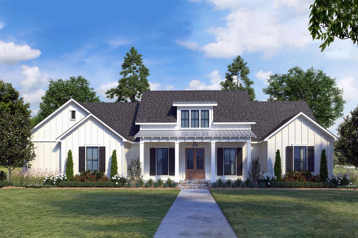 House plan exterior. Modern Farmhouse style with two stories, gabled roof, dormer windows, and a covered porch with columns.