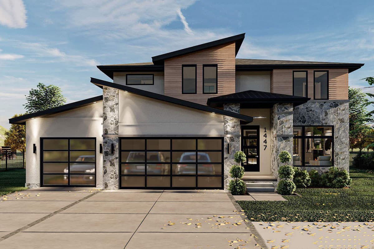 House plan exterior. Two-story modern home with stone veneer and wood siding accents. Features include a side-entry garage and asymmetrical rooflines.