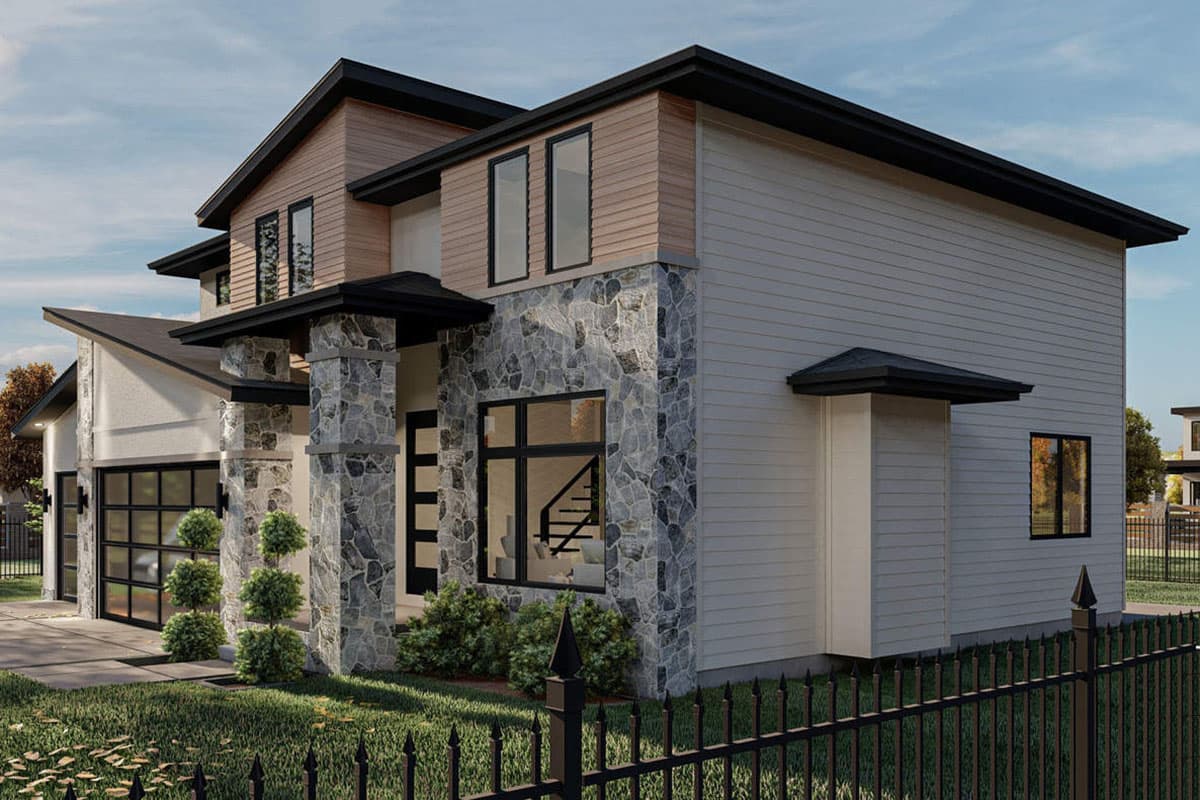 House plan exterior: Modern style, two stories, stone and wood siding, covered entryway with stone columns, glass garage door.