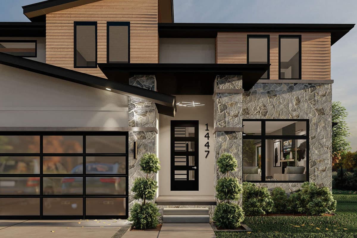 Modern house plan exterior with wood siding, stone accents, garage, and a striking entryway with horizontal window panels.