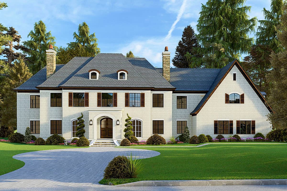 House plan exterior. Two-story home with a gabled roof, dormers, and brick exterior. Features include arched entry and chimneys.