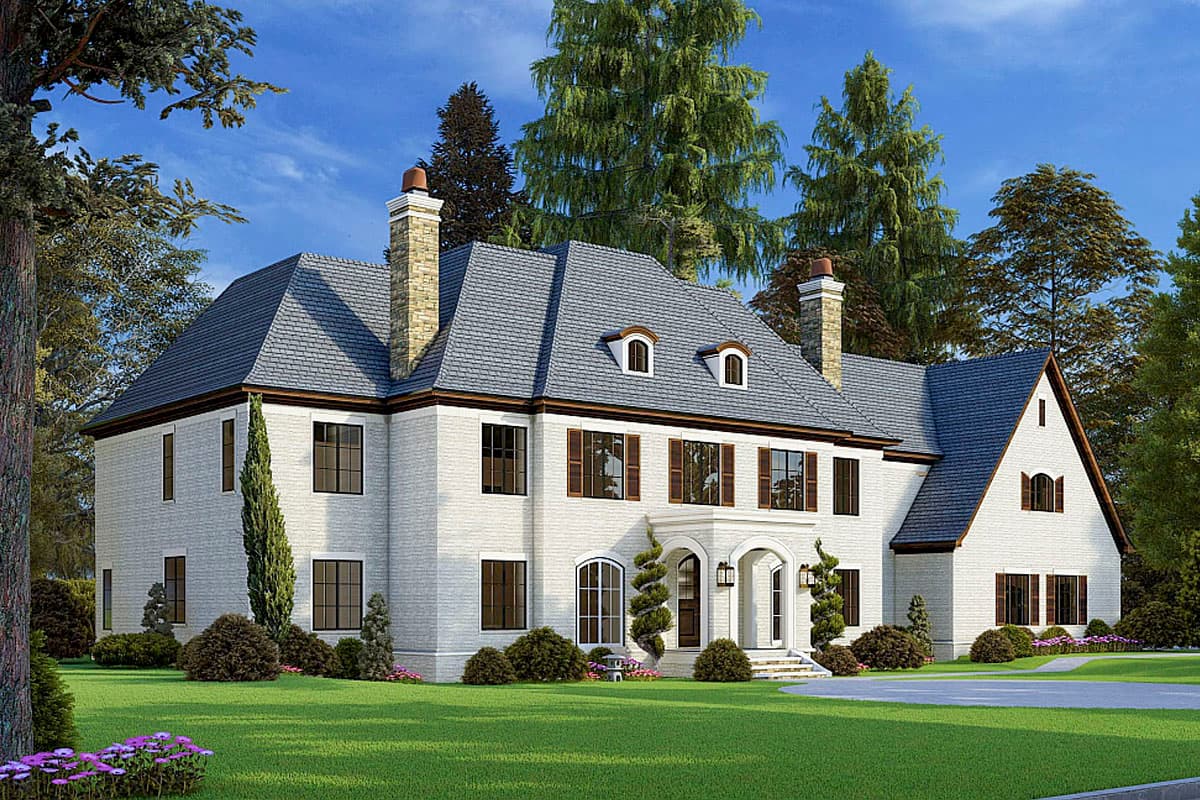 House plan exterior of a two-story home with white brick, hip roof, dormers, and two stone chimneys.