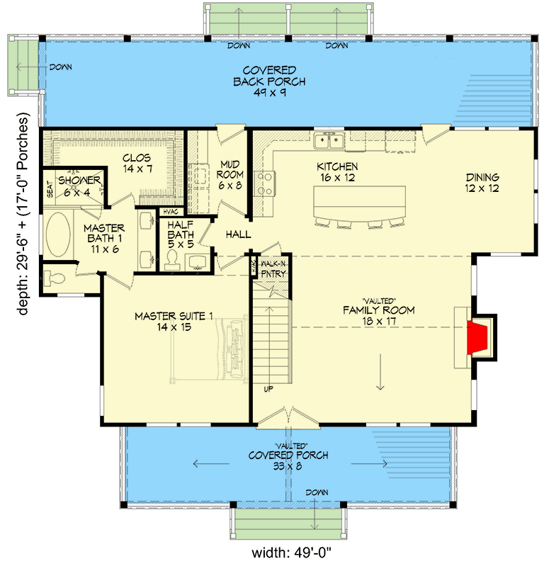 Plan 68734VR: 3-Bed Country Home Plan with Great Porches Front and Back (and Upstairs in Back) - Floor Plan - Main Level - Country, Mountain, Traditional