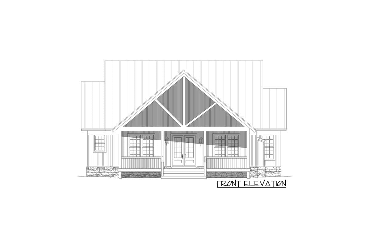 Front elevation drawing of a one-story house with a gabled roof, covered front porch, and stone foundation.