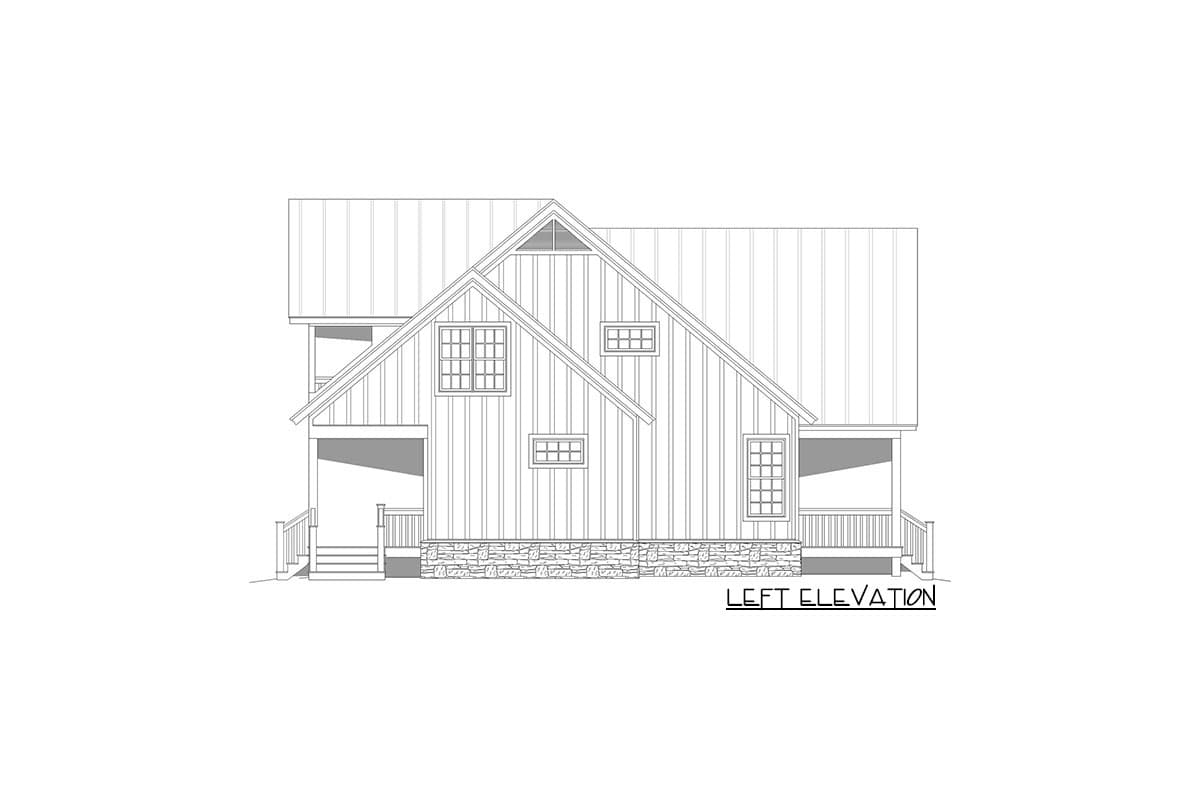 Left elevation drawing of a two-story house plan with a metal roof, gable, dormer, and stone foundation.