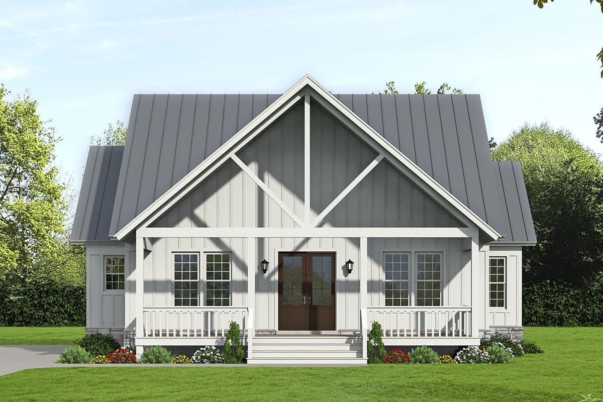 House plan exterior. Farmhouse style with a gabled roof, front porch, and exposed rafter tails. Features board and batten siding.