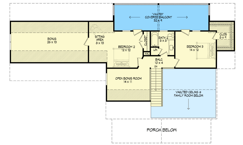 Plan 68735VR: 3-Bed Country House Plan with 2-Car Carport - Floor Plan - 2nd Floor - Country, Traditional