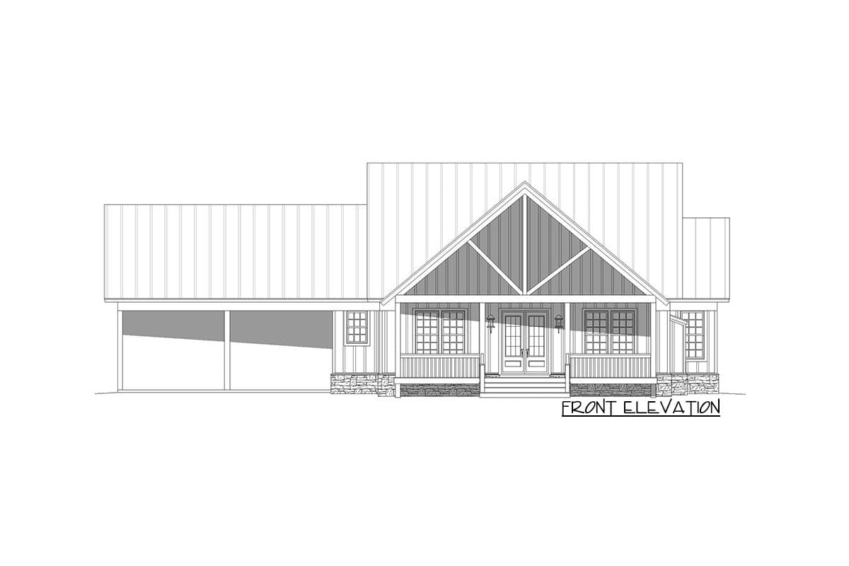 Front elevation house plan with a covered porch, metal roof, stone foundation, and attached two-car carport.