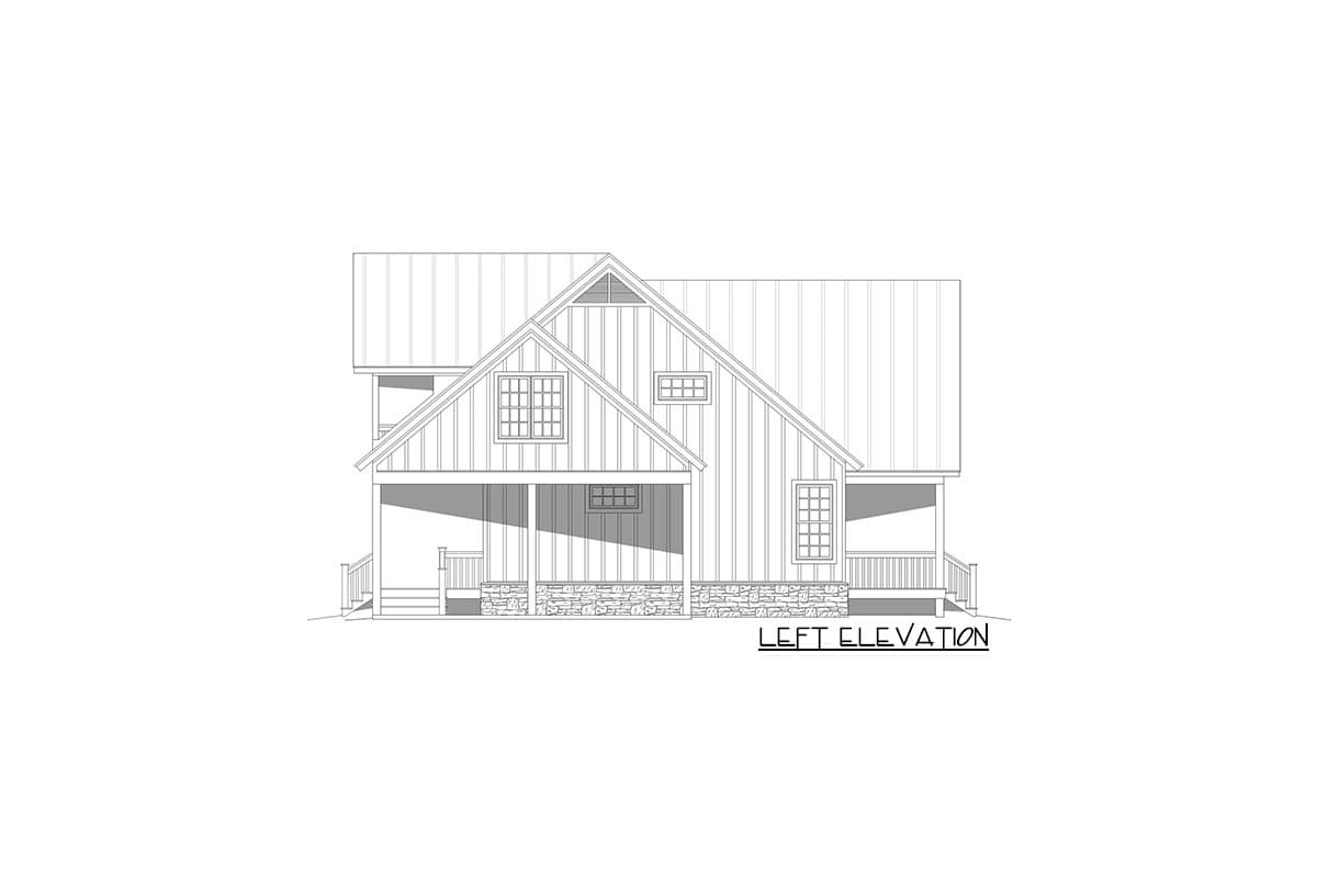 Left elevation house plan with a metal roof, gables, porch with stone foundation, and multiple windows.