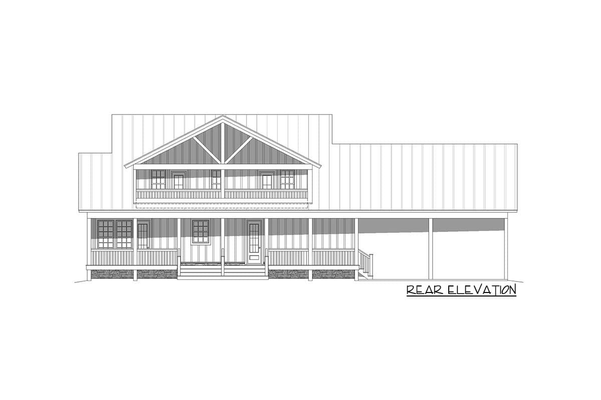Rear elevation of a two-story house plan featuring a wrap-around porch, upper balcony, and attached two-car garage.