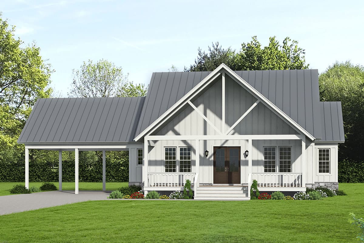 House plan exterior. One-story farmhouse with a gabled roof, a front porch, and a carport. Features vertical siding and a symmetrical facade.